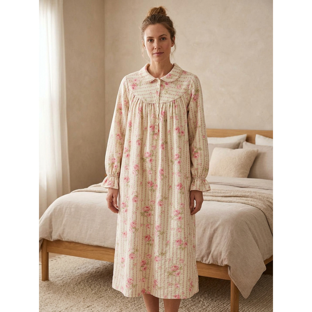 Character Women's Med Flannel Nightgown Cottagecore Pink Floral Peter Pan Collar